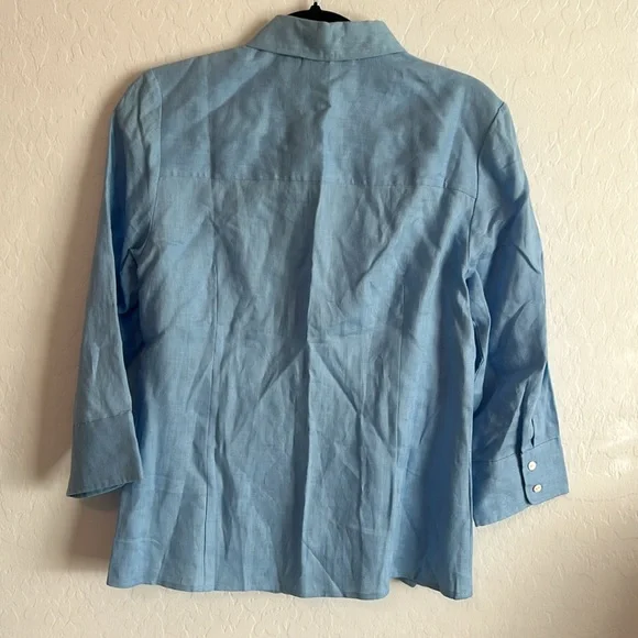 NWOT Vintage 1990s Tracy M Blue Linen 3/4 Sleeves Shirt. - Picture 2 of 6
